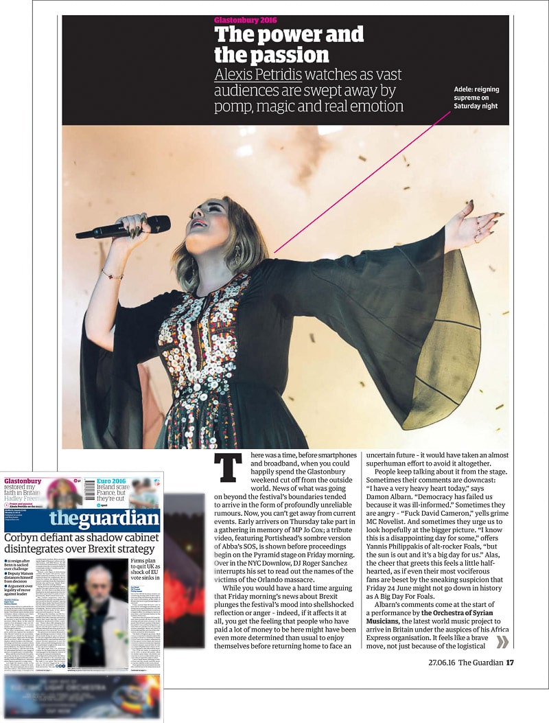 Image usage - The Guardian print newspaper 27 June 2016 - Adele performing live at Glastonbury Festival 2016