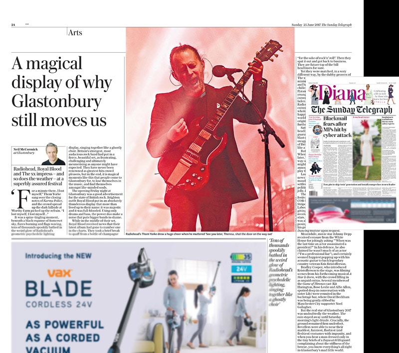 Image usage - Sunday Telegraph newspaper - 25/6/2017 - Radiohead live at Glastonbury Festival 2017